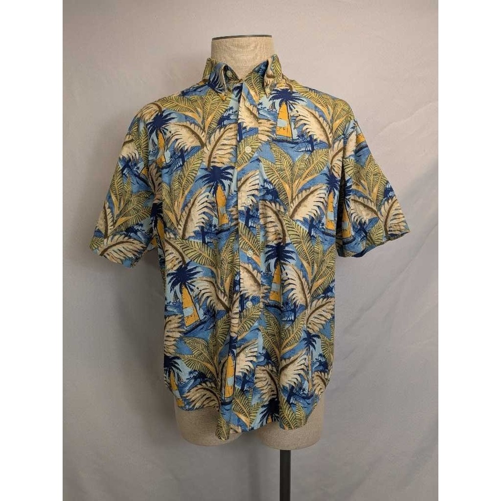 Natural Issue Men's Large Tropical Palm Tree Sailboat Print Short Sleeve‎ Shirt